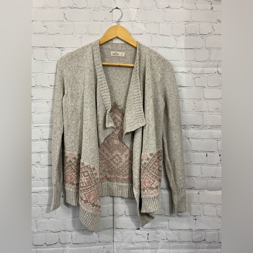 Hollister Women’s Size Small Sweater Open Front Boho Beige Pink Cardigan